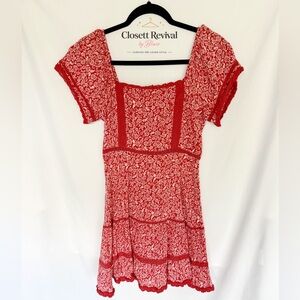 American Eagle Red Floral Smocked Crochet Trim Mini Dress Puff Sleeve Size S